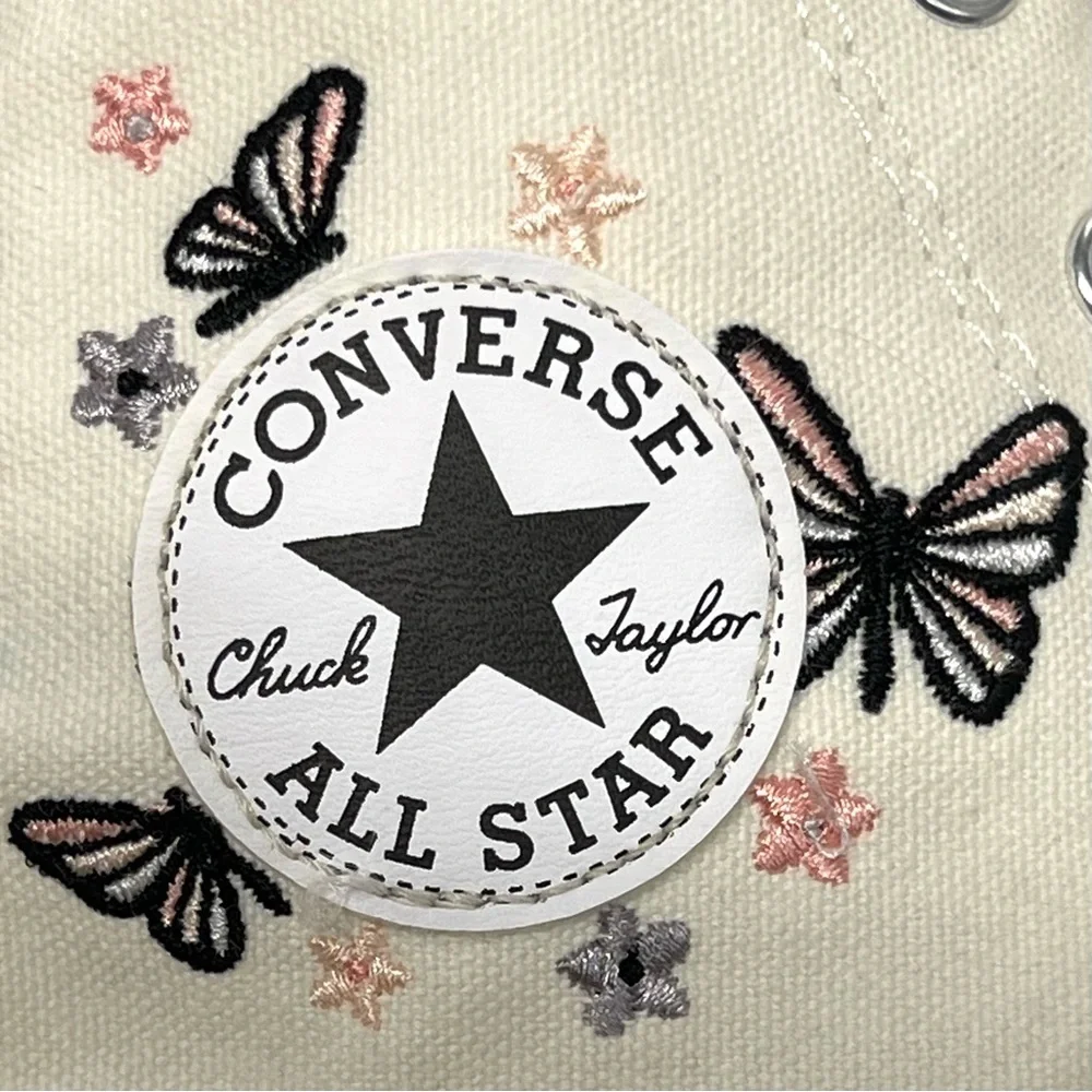 Converse Kids High Top Boots in Cream with Black and Pink Butterfly Embroidery